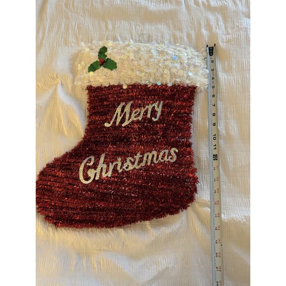 Red Tinsel Stocking Merry Christmas Holiday Decoration Holly Berry Decoration - Picture 2 of 4